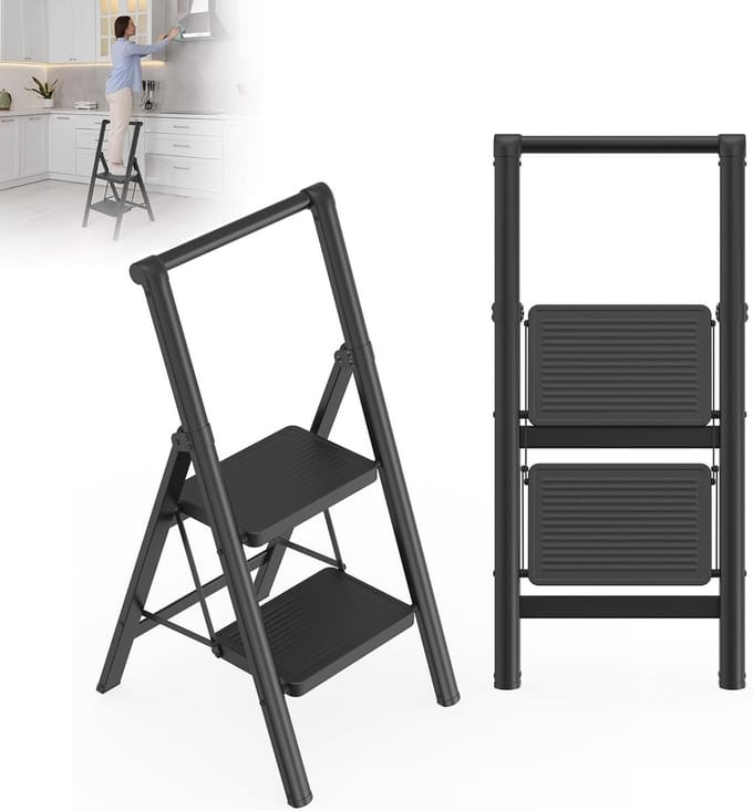 Inklapbare Trapladder met 2 Treden en Leuning - Stabiele Opstapkruk tot 270kg