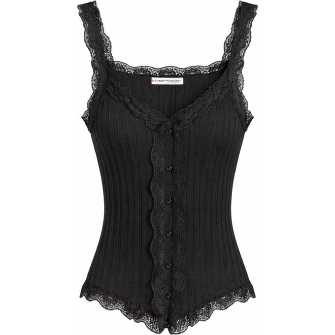 Aangesloten mouwloze kanten geribde blouse met knopen