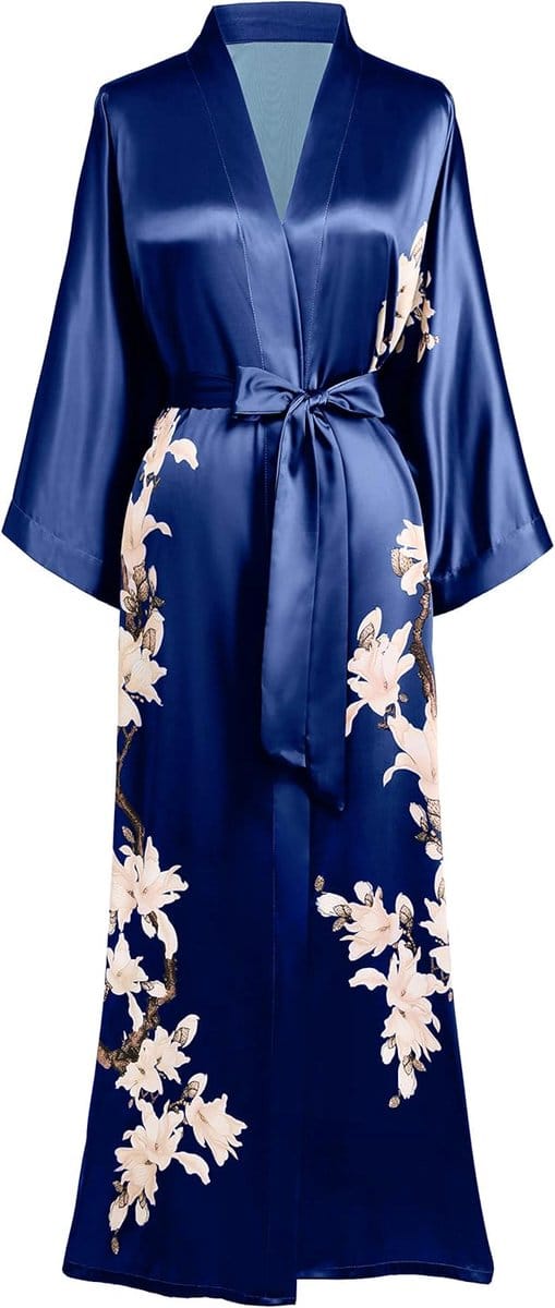 Ochtendjas, kimono, bloemen, tak, bedrukt, lang, navyblauw