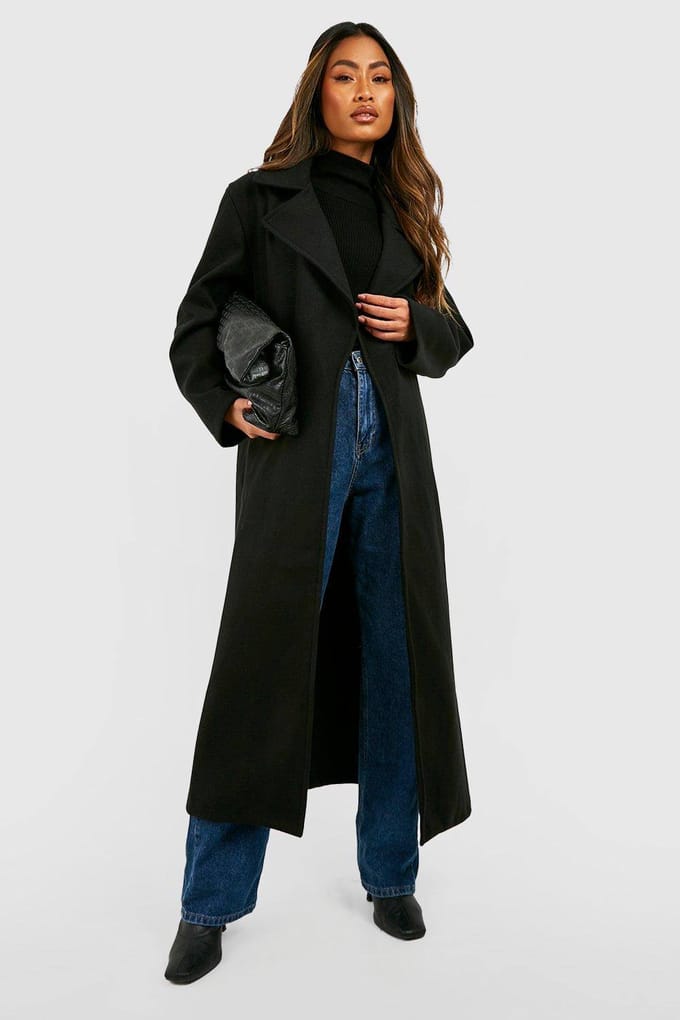 boohoo Dames Oversized Maxi Wol-Look Jas | Zwart | Maat: 42