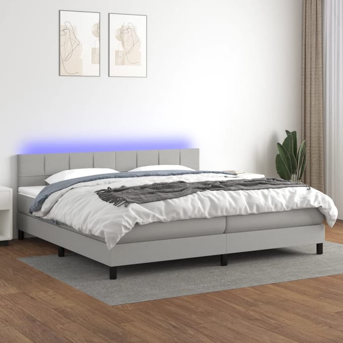vidaXL - Boxspring - met - matras - en - LED - stof - lichtgrijs - 200x200 - cm