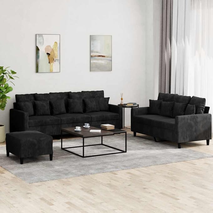 vidaXL - 3-delige - Loungeset - met - kussens - fluweel - zwart