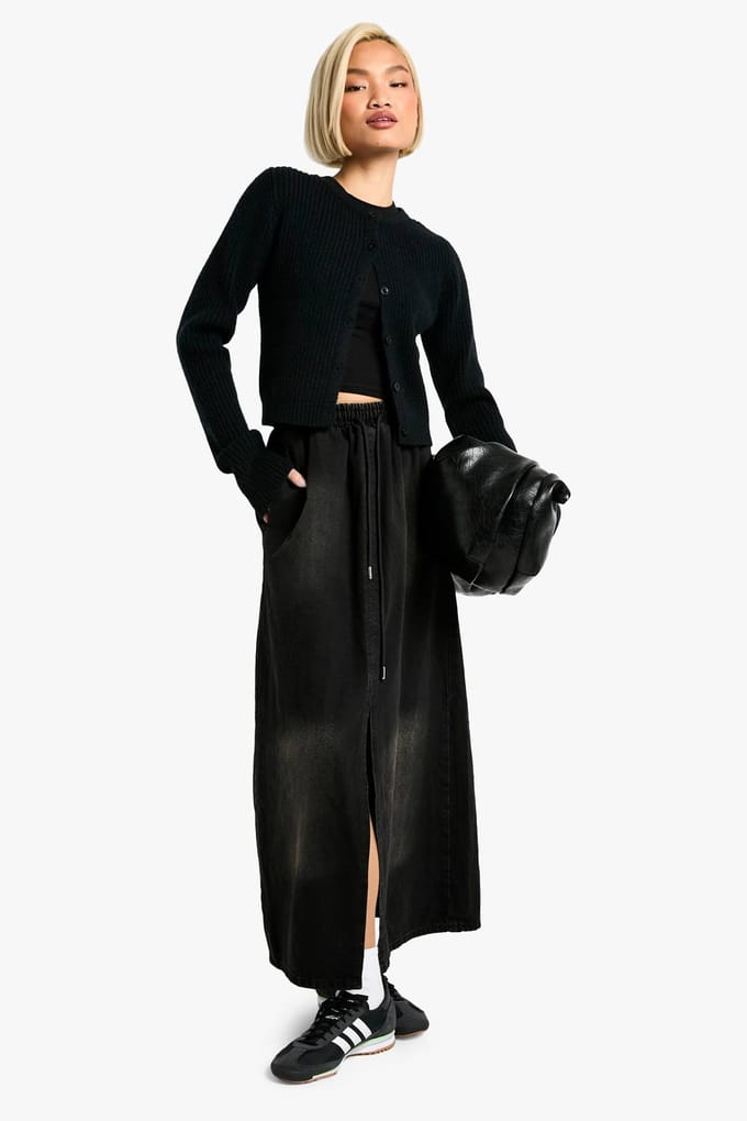 boohoo Dames Gewassen Zwarte Maxi-Rok met Elastische Tailleband | Washed Black | Maat: 38
