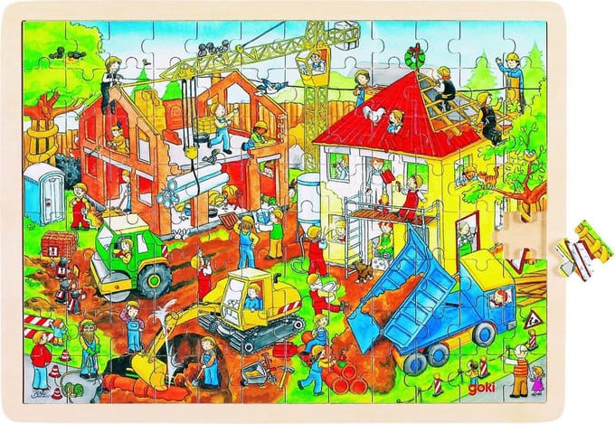 GOKI Puzzel - Bouwwerf - 96 Stukjes - 40X30X0,8Cm - Hout - 3 Jaar
