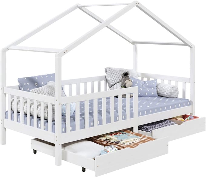 Huisbed ELEA, 90 x 200 cm, van massief grenenhout met lades - wit