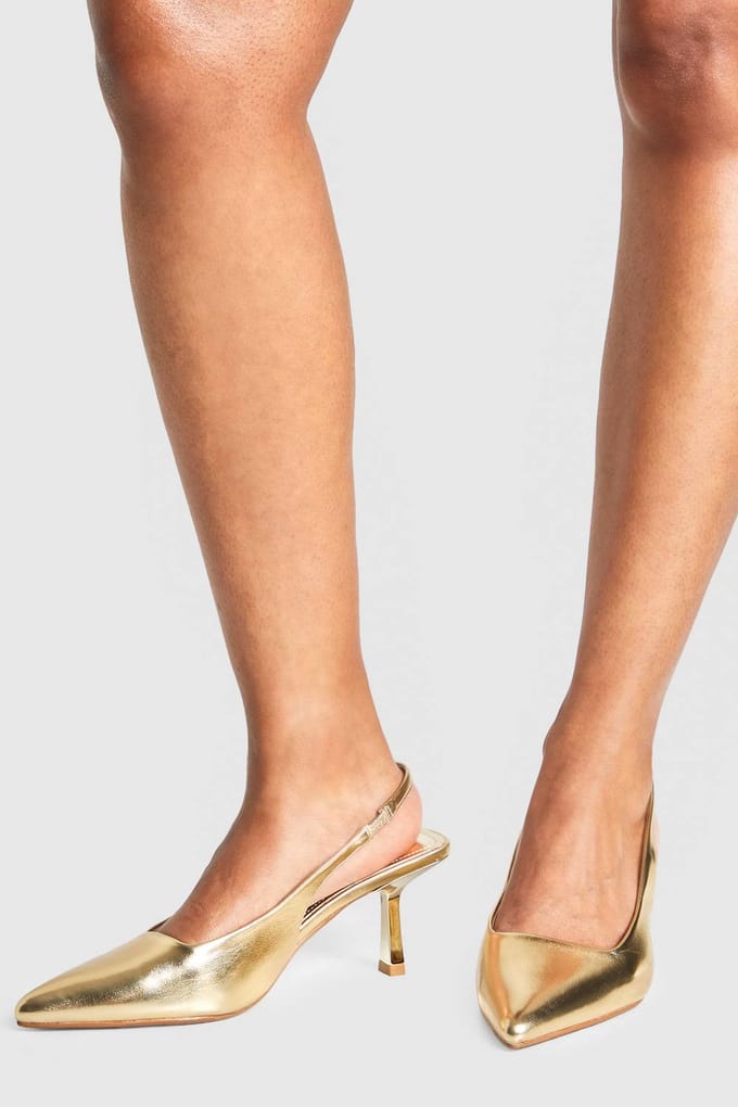 boohoo Dames Brede pasvorm lage stiletto slingback court | Goud | Maat: 38