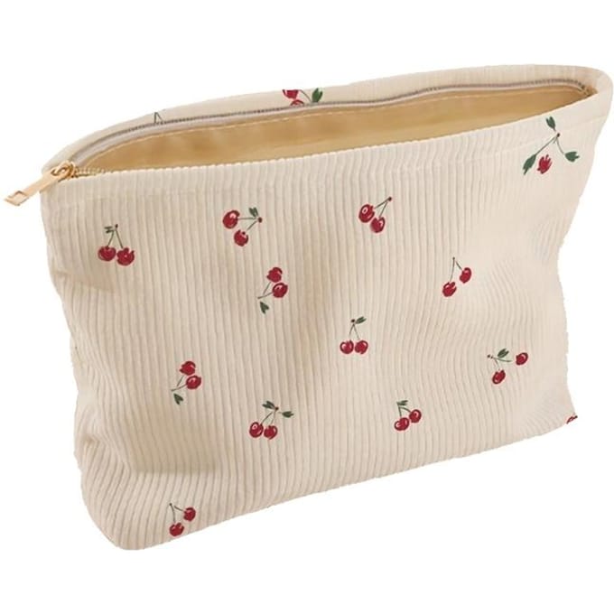 Sac de Rangement pour Maquillage en Velours Côtelé Imprimé Cerises, Poche zippée Légère Grande Capacité, Sac à Maquillage Doublé Multifonctionnel blanc