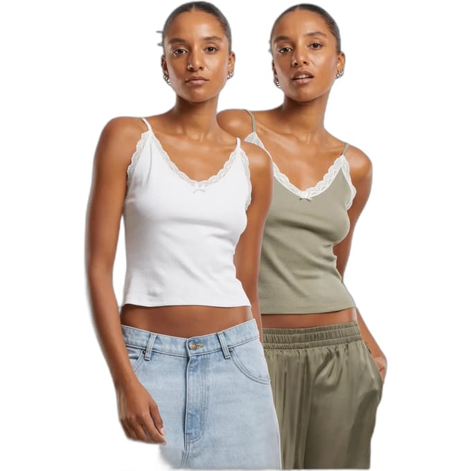 Urban Classics - VNeck Lace Mouwloze top - XL - Groen/Gebroken wit