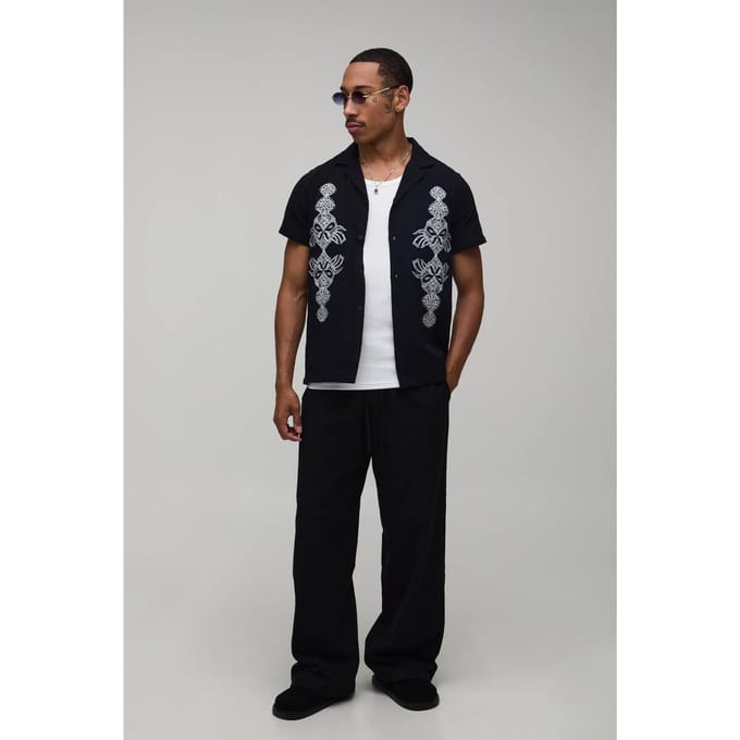 Textured Embroidered Regular Shirt & Wide Leg Trouser Set | Black | Size Medium