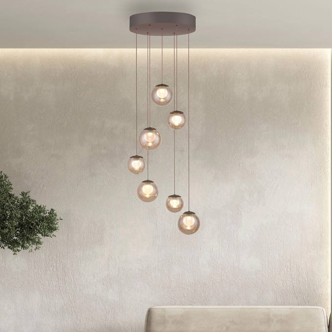 PURE LED hanglamp Popup, brons/amber Ø 40 cm, 7-lamps.