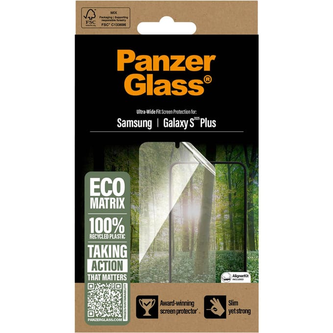 PanzerGlass Matrix Recycled Ultra-Wide Fit Anti-Bacterial Screenprotector incl. applicator voor de Samsung Galaxy S25 Plus