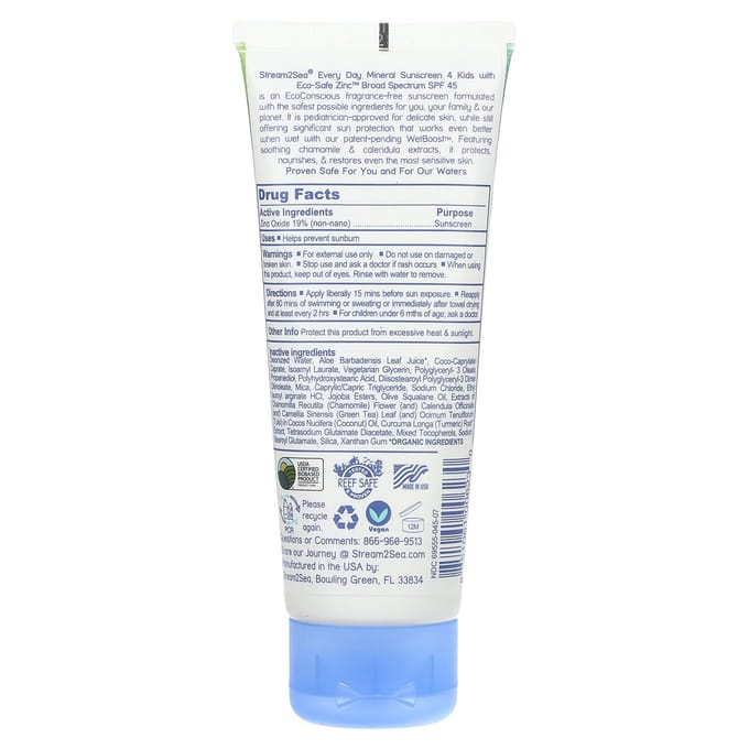 Stream2Sea, Everyday Mineral Sunscreen, SPF 45, 4 children, 2.5 fl oz (75 ml) white