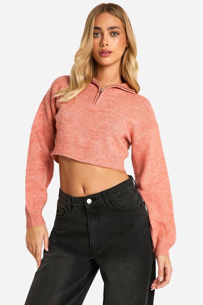 boohoo Dames Zachte gebreide half-zip crop trui | Koraal | Maat: Large