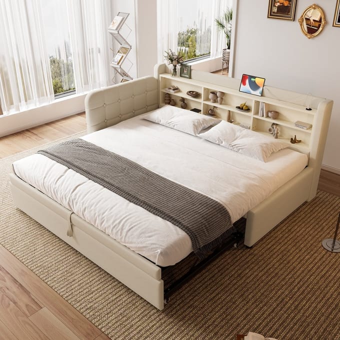 Sweiko Slaapbank - 90/180 × 200 cm - Uitschuifbaar bedontwerp - USB + Type-C - Opbergruimte - Linnen - Beige