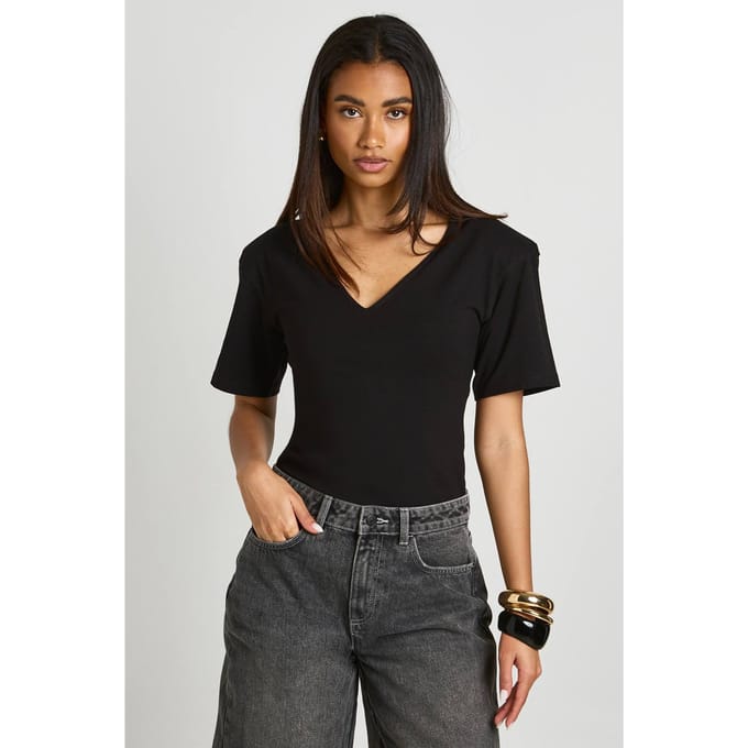 boohoo Dames Bodysuit Met Schoudervulling En V-hals | Zwart | Maat: 38