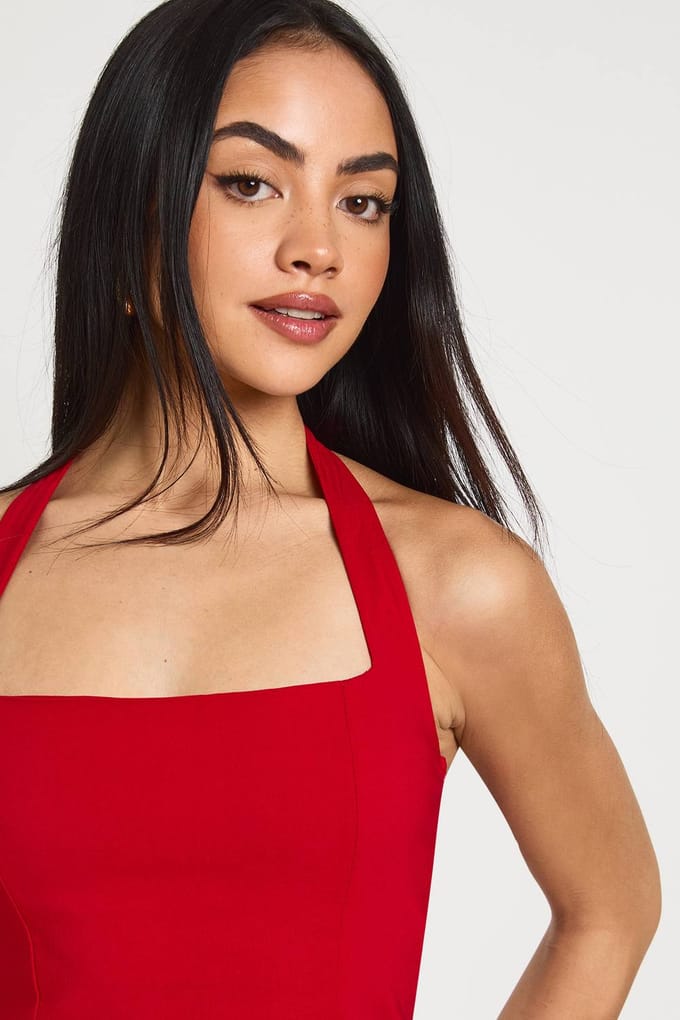 boohoo Dames Bengaline Vierkante Hals Skater Jurk | Rood | Maat: 42