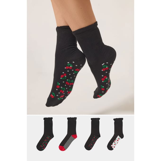 Yours 4Pack Zwarte Enkelsokken Met Bessenprint Size 37-40