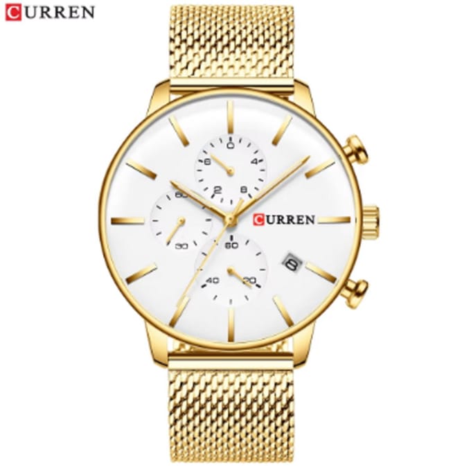 CURREN Horloge 8339 - Goudkleurig-Wit – Heren - Quartz - Kalender - Mesh Band - Luxe en Elegant