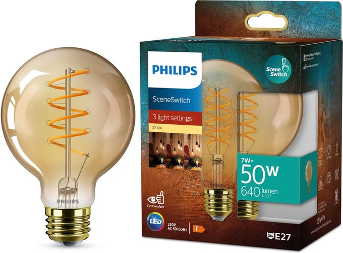 Philips Deco LED - SceneSwitch - 50W - E27 fitting - G95 Globe lampvorm - Amberkleurige lamp