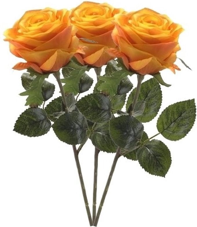 Emerald Kunstbloem roos Simone - 3x - geel/oranje - 45 cm - decoratie bloemen