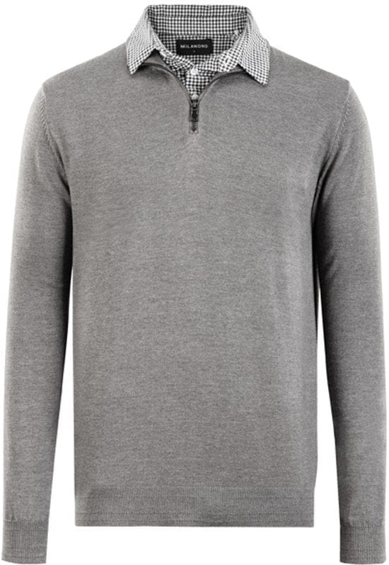 Milanoro - Herenpullover met overhemdkraag en halve rits - Grijs - XXL