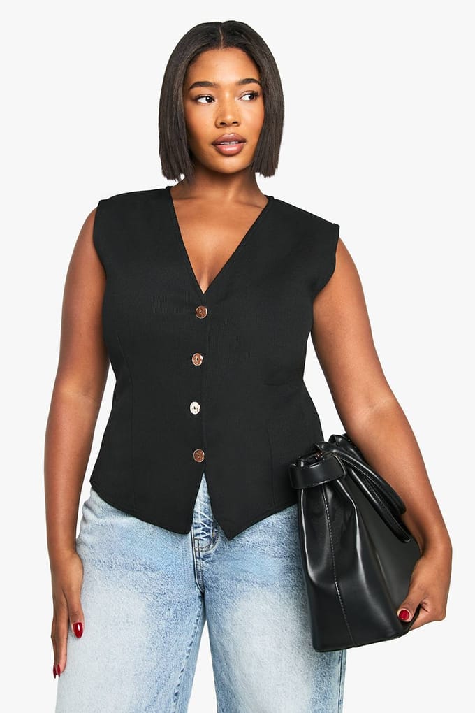 boohoo Dames Plus naaddetail taille gouden knoop vest | Black | Maat: 16