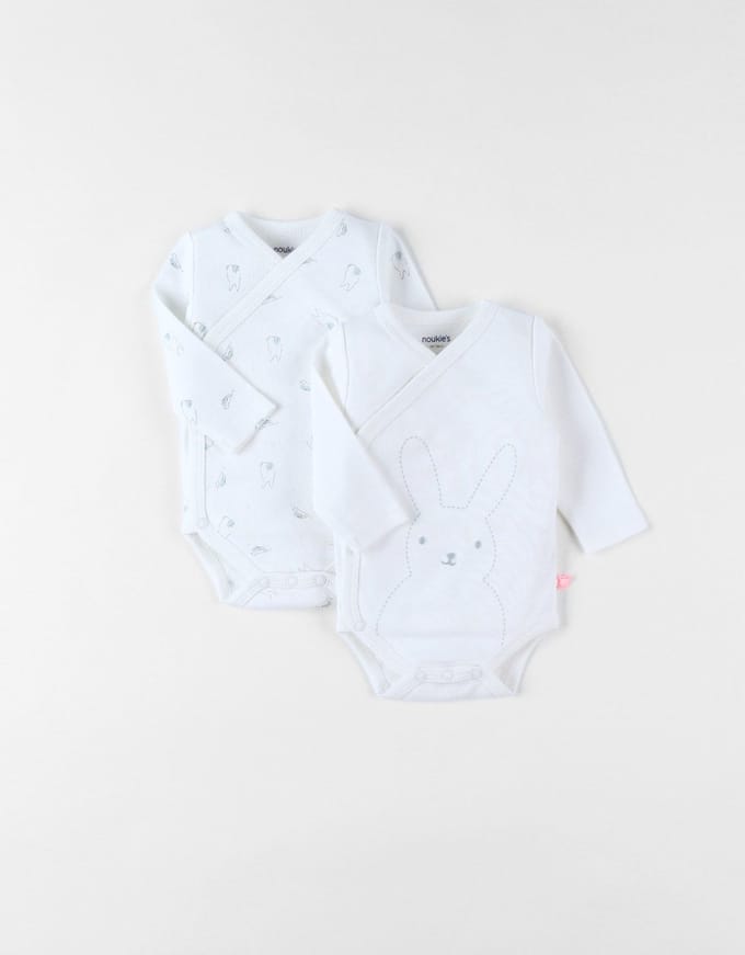 Noukie's - 2 Pack - Rompertjes- Body's - Unie - Ecru - Konijn - 12m 80