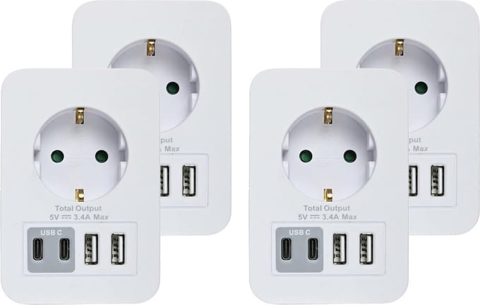Benson Stopcontact splitter - 4x - met 2 USB-A en 2 USB-C - oplader voor Iphone / Samsung