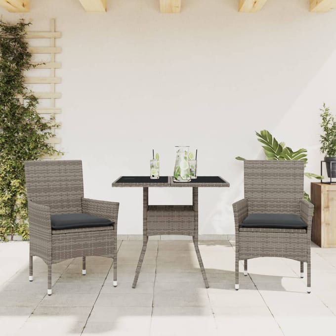 vidaXL - 3-delige - Tuinset - met - kussens - poly - rattan - en - glas - grijs