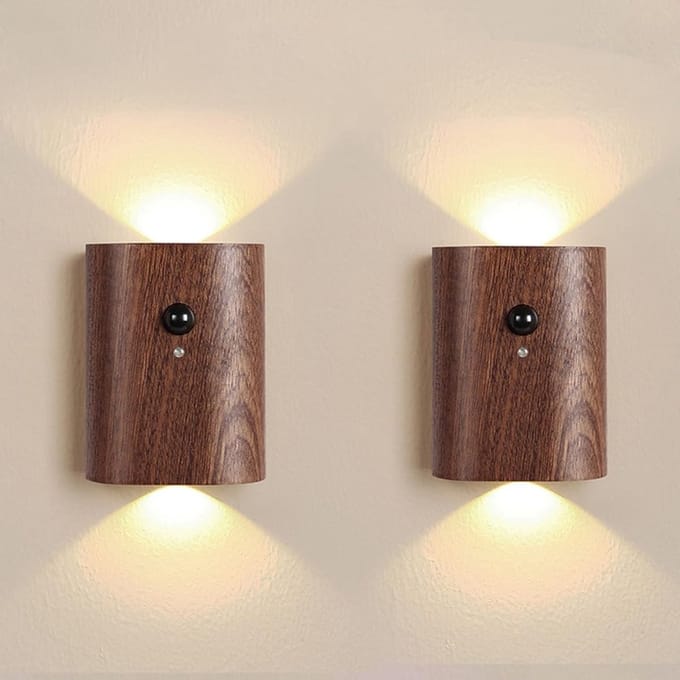2 Pack Smart Motion Sensor Step Lights - Rechargeable - 2700K Warm White - Walnut Wood - Hallway Bedroom Safety
