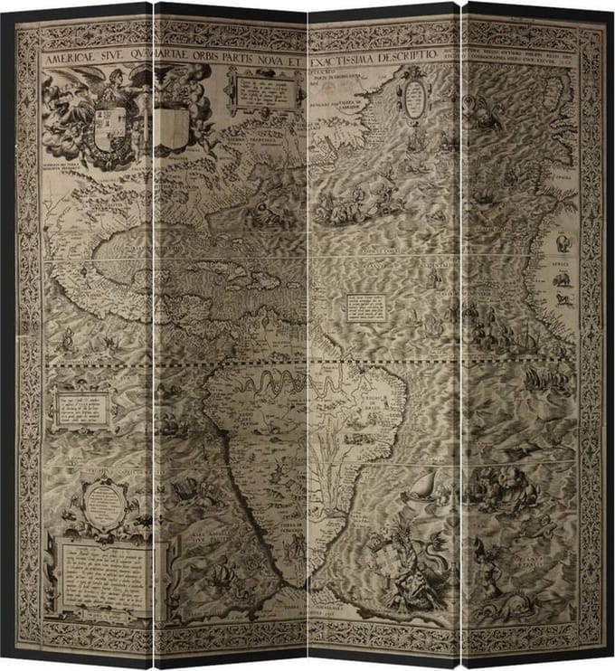 Fine Asianliving Kamerscherm Scheidingswand B160xH180cm 4 Panelen Vintage Wereldmap