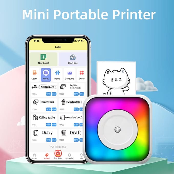 Mini thermische printer Multifunctionele draagbare stickermaker met RGB-licht Instant Photo Inkless