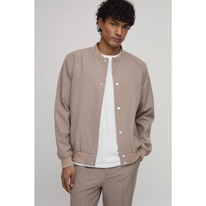 Gestreept Bomberjack In Regular Fit Met Bijpassende Broek | Taupe | Size Medium