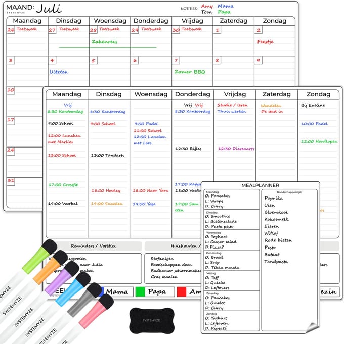 Systemyze Maandplanner & Weekplanner Whiteboard Set – Magnetisch Planbord – Magnetische Maandplanner – Inclusief Meal Planner, Markers & Wisser – A3 Formaat