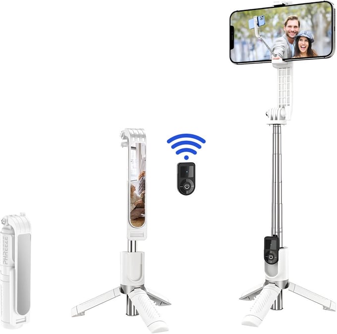 Selfie Stick - Tripod - Bluetooth Afstandsbediening - Uitschuifbaar - Statief - Universeel - Wit
