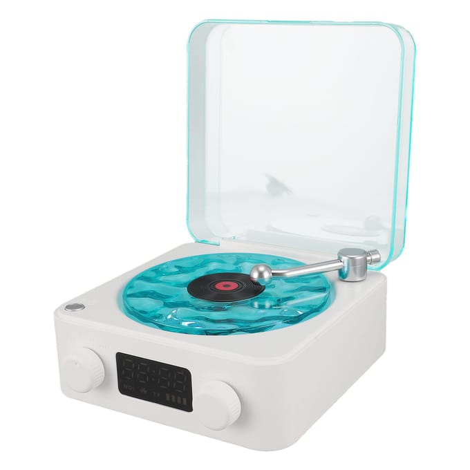 Bluetooth-luidspreker in platenspelerstijl met nachtlampje en tijdsweergave 3-in-1 multifunctioneel klein wit