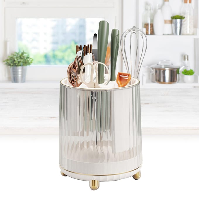 Porte-couteaux de cuisine, bloc à couteaux rotatif, avec fente pour ciseaux, multifonctionnel blanc