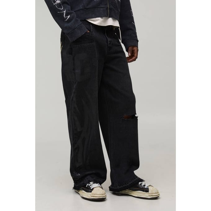 Wijde pijpen gescheurde Moto Applique jeans | Washed Black | Size 36R