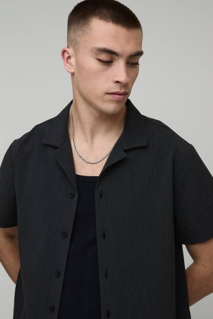 Regular Fit Seersucker Streep Overhemd & Shorts Set | Black | Size Medium