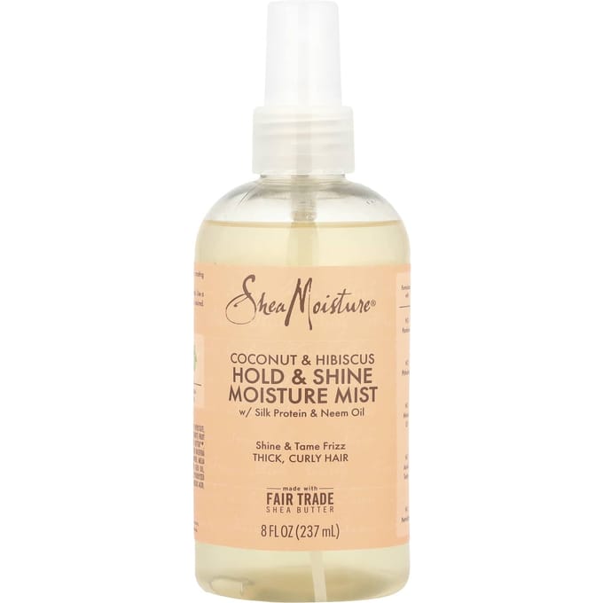 SheaMoisture, Hold & Shine Moisture Mist, with Silk Protein & Neem Oil, Coconut & Hibiscus, 8 fl oz (237 ml) orange