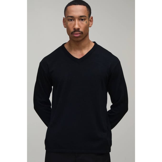 Gebreid T-shirt Met V-hals En Zachte Touch In Regular Fit | Black | Size Medium