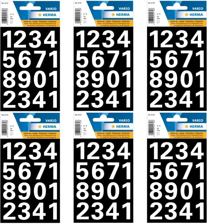 Herma Stickervel nummers - cijfers / getallen - 0 t/m 9 - 6x vellen - wit - 25 mm - watervast