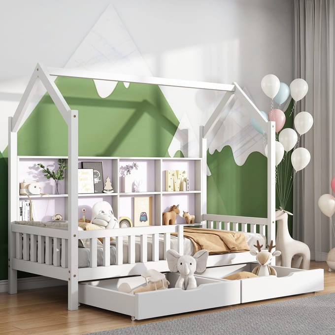 Sweiko Kinderbed - 90x200 cm - Huisbed - met Boekenplank - 2 Lades - Wit