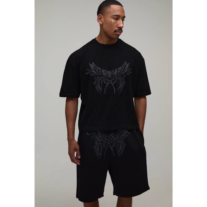 Oversized Boxy T-shirt Met Studs & Relaxed Short Set | Black | Size XS