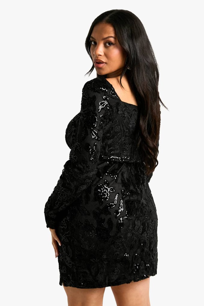 boohoo Dames Plus Demask Bodycon-jurk met vierkante hals | Black | Maat: 24