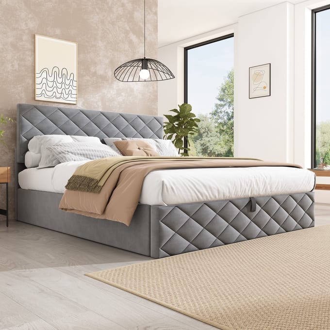 REDOM Bedframe 140x200 cm – Velours grijs – Met hydraulische lift & opbergruimte – Modern