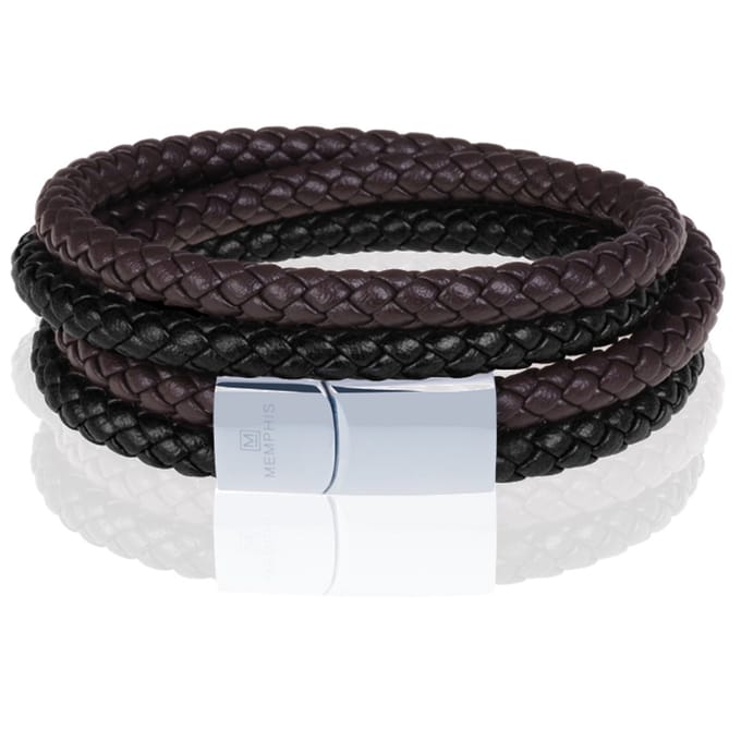 Memphis dubbele wrap armband Duo Leer Bruin Zwart Zilverkleurig-23cm