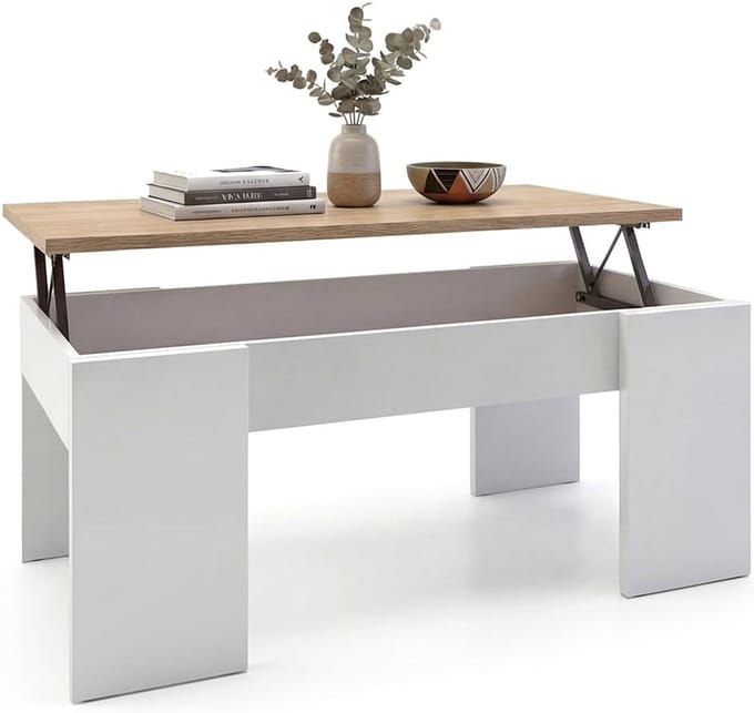 Verstelbare Salontafel - Eettafel - Woonkamer Gebruik - Verborgen Opbergruimte - 100x50x45-56cm - Wit Eiken