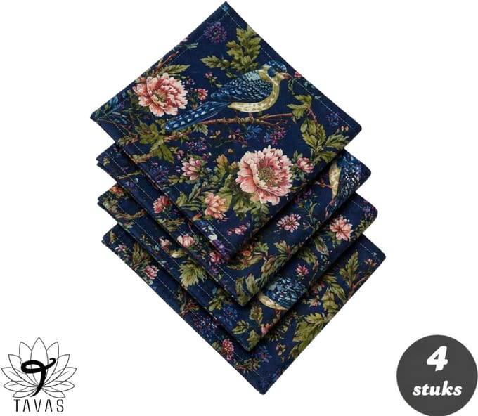 Tavas Servetten - 30 x 30 cm - Set van 4 stuks - Donkerblauw - Blauwe Vogeltuin - Katoen