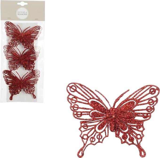 House of Seasons kerstboomversiering vlinders op clip - 12x st - rood - 10 cm